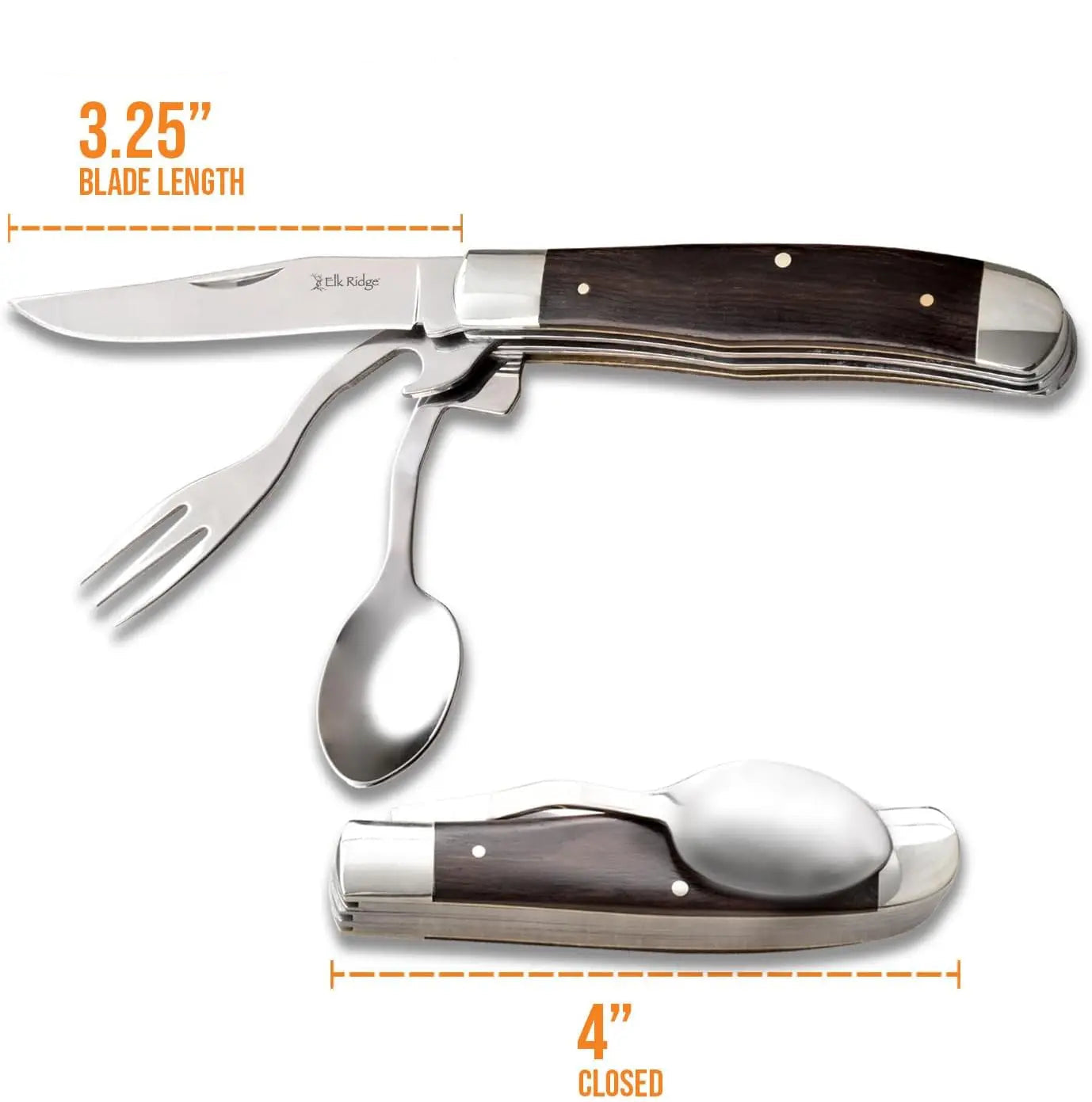 4-in-1 Pocket Multi-Tool – Knife, Fork, Spoon & Bottle Opener with Wood Handle, Ideal for Camping, Hunting & Survival