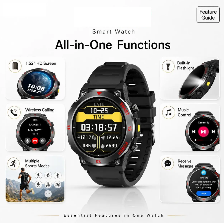 Men's Outdoor Smart Watch with LED Flashlight - Bluetooth Call, Sports Fitness Tracker