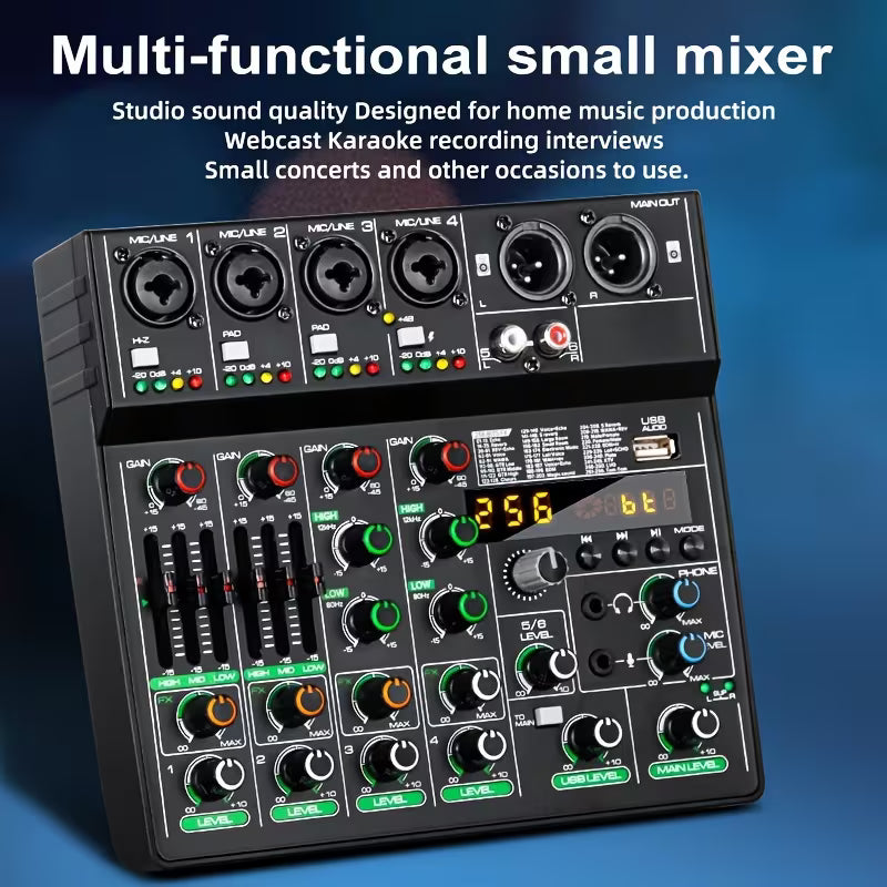 6-Channel USB Audio Mixer – 256 Reverb Effects, Professional for Music & Recording