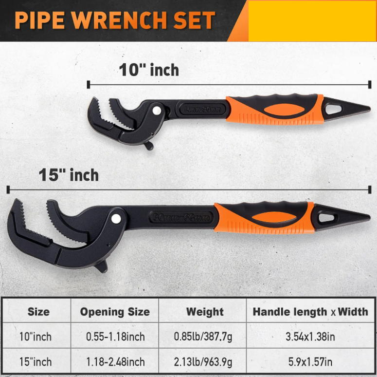 2-Piece Heavy Duty Pipe Wrench Set 10" and 15" - Self-Adjusting Pipe Wrenches for Plumbing and HVAC