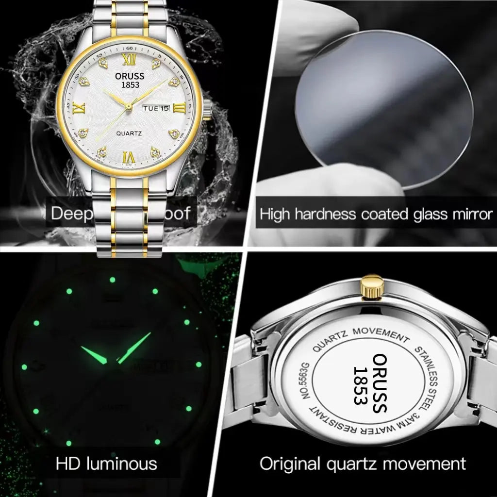 ORUSS Men's and Women's Stainless Steel Dual Calendar Watch - Water Resistant, Luminous, Luxury Fashion Analog Quartz Wristwatch