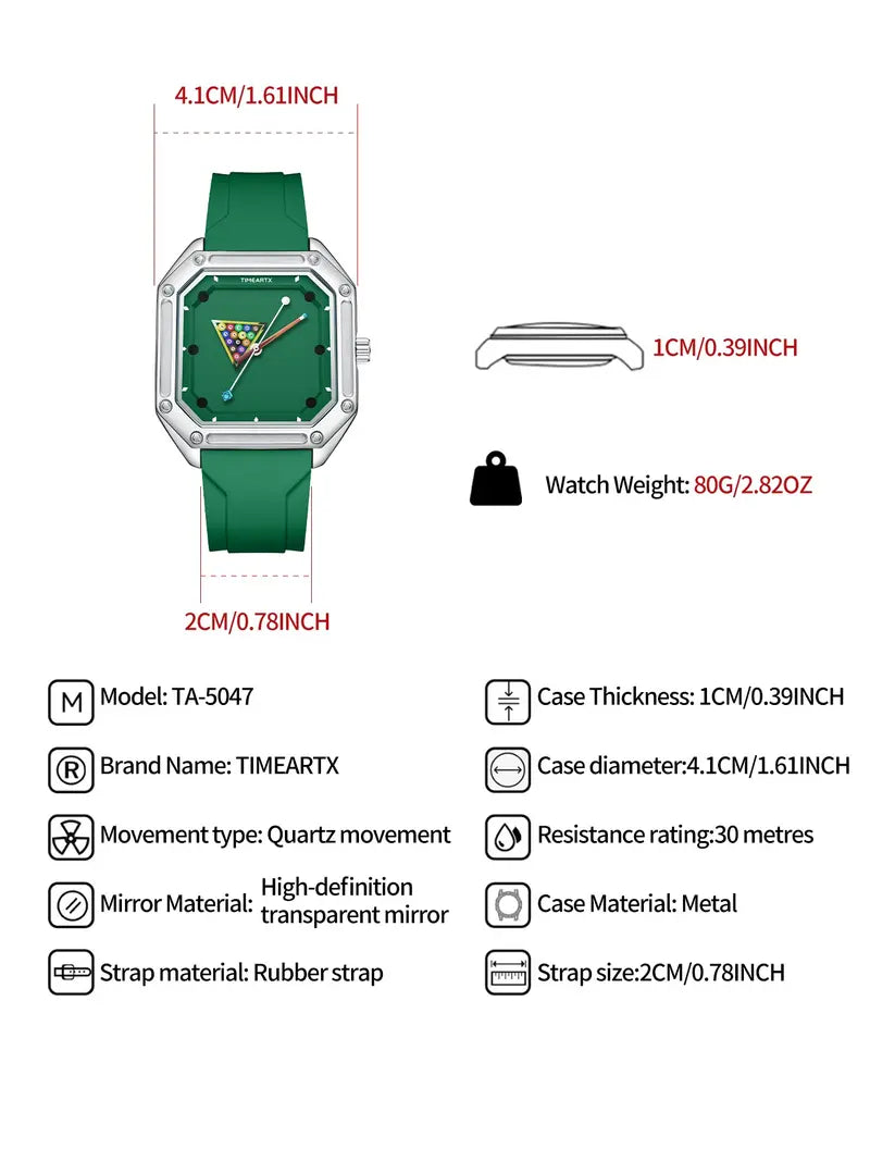 Men's Billiard Ball Analog Quartz Watch – Green Dial, Rubber Strap, Casual Sporty Design, Unique Daily Wear Timepiece