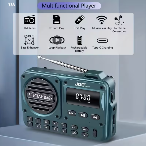 Portable FM Radio with USB-C Charging – 2000mAh Rechargeable Battery, Great Reception, Clear Sound, Headphone Jack, LCD Display, Wireless & TF Card Support, FM Only (No AM), Turquoise