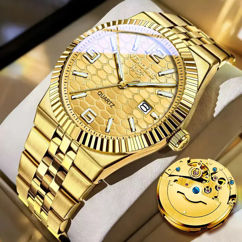 Men's Diamond-Accent Quartz Watch – Luminous Date Display, 3D Grid Dial, Waterproof, Gift Box – Business Casual Style