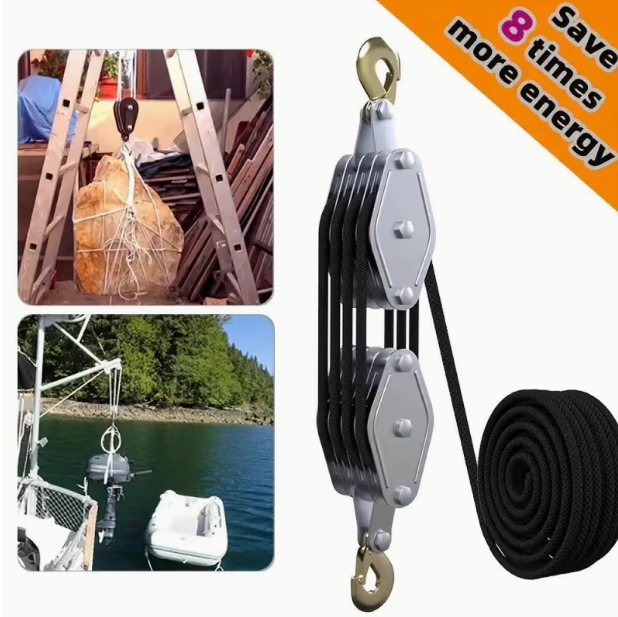 Heavy-Duty Block & Pulley System – 4000lb Capacity, 8:1 Mechanical Advantage, Adjustable Height, 65ft Rope, Lockable Casters, for Lifting & Construction