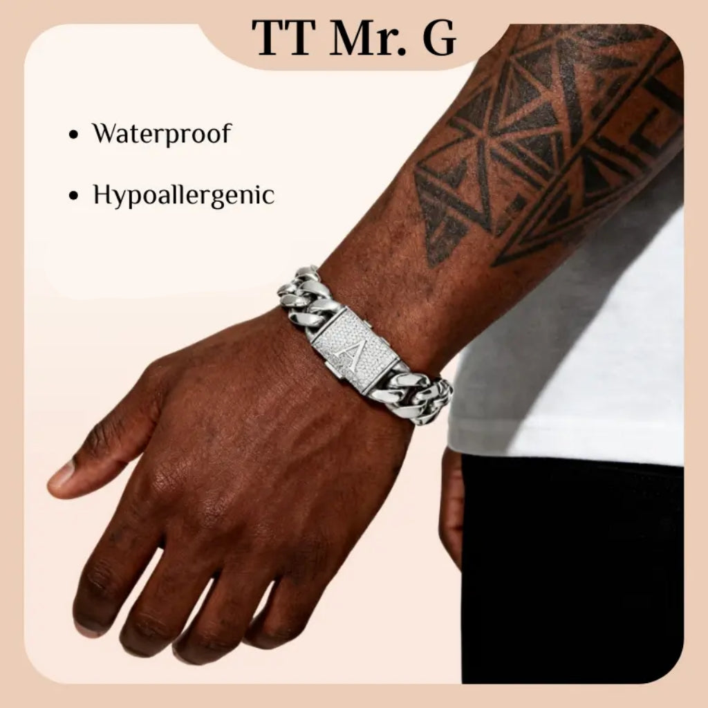 Cash on Delivery – Silver Stainless Steel Cuban Link Bracelet for Men, 14mm Heavy Chain with A Initial Letter Clasp, Gothic Punk Hip Hop Style, Personalized Modern Gift for Him