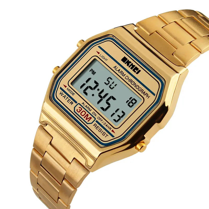 Men's Digital Outdoor Sport Watch – Gold Stainless Steel, Backlit Display, Multifunction, Stopwatch, Waterproof
