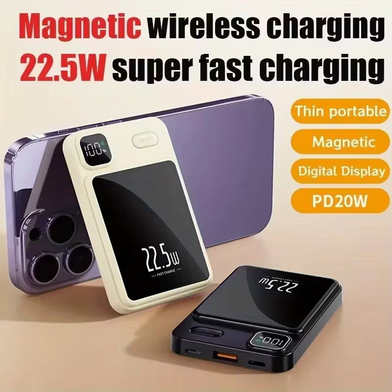 20000mAh Magnetic Wireless Fast-Charging Power Bank, Mirror Surface with Stand, Ultra-Thin & Compact, LED Display, Emergency Backup for Travel