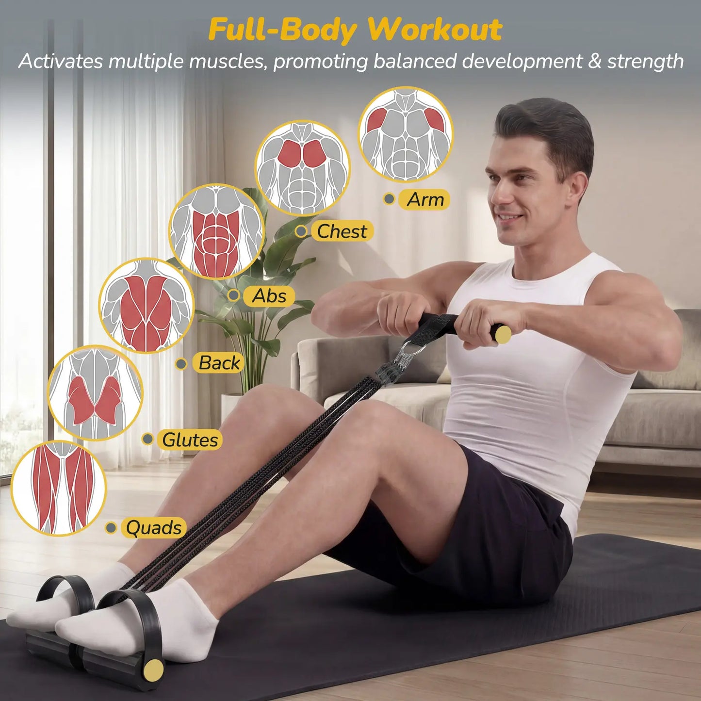 4-Tube Foot Pedal Resistance Bands with Handles - Adjustable Full-Body Workout Kit with Ankle Straps