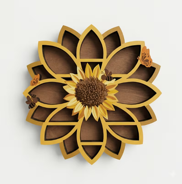 Wooden Sunflower Floating Shelves – Wall-Mounted Organizer with UV-Printed Spiritual Decor, Gemstones, Essential Oils & Meditation Art, Multi-Functional Storage for Living Room & Meditation Space