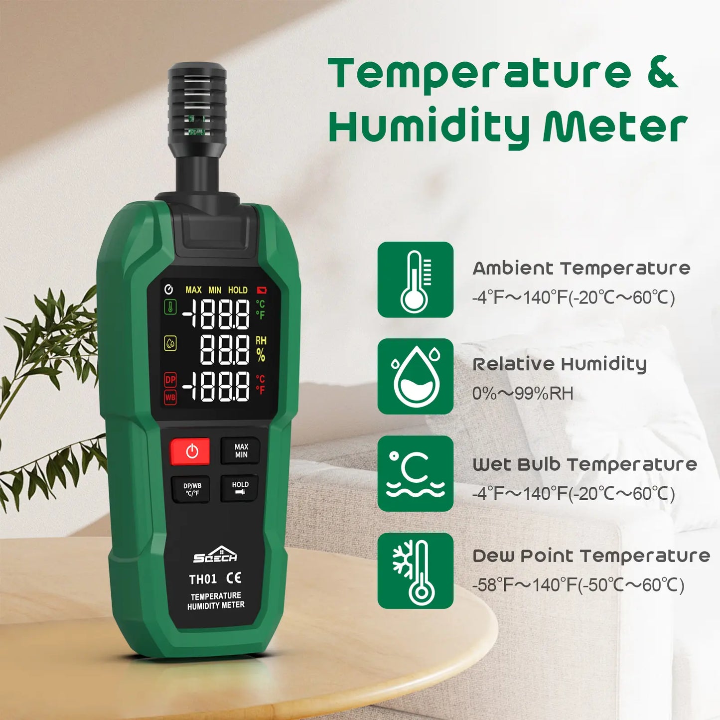 High Precision Digital Hygrometer & Thermometer – Measures Ambient, Relative Humidity, Dew Point, Wet Bulb, Color Backlight & Flashlight, Max/Min & Data Hold – Ideal for Industrial & Home Use