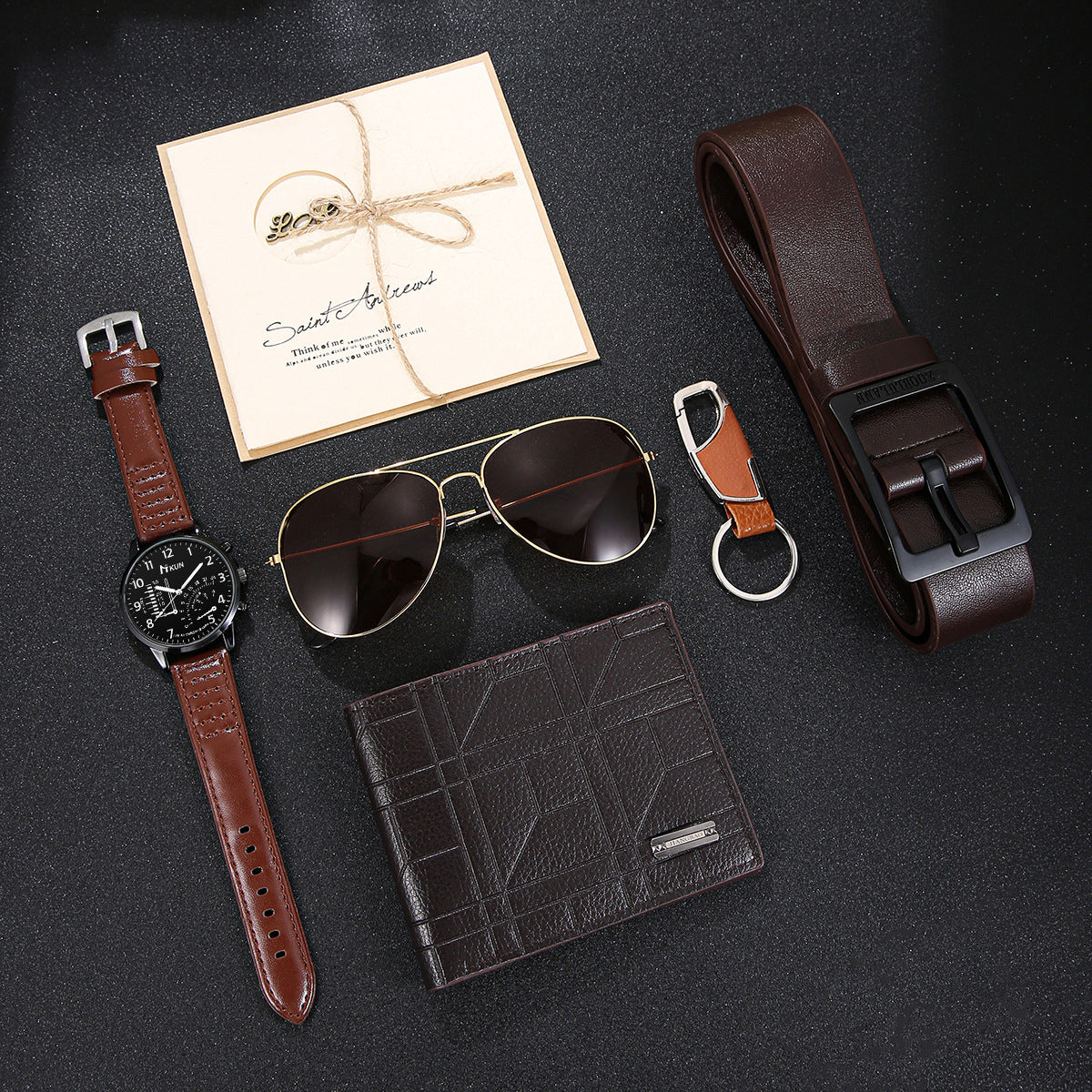Men's Business Fashion Casual Watch Gift Set - Includes Wallet (Random Style), Sunglasses, Keychain, Cufflinks, Tie Clip and Gift Box, Birthday Accessory Set for Men