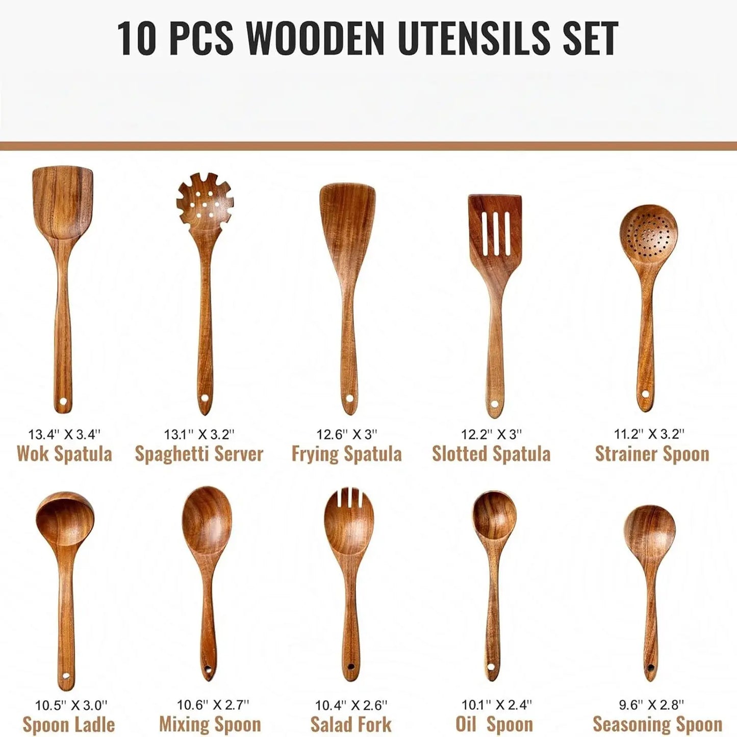 10pcs/set Natural Wood Kitchen Utensil Set, Wooden Cooking Tools with Ergonomic Handles, Heat-Resistant Spoons Pans Spatulas for Induction Cookers