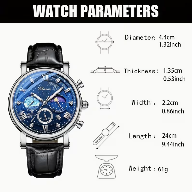 Sun Moon Star Multifunctional Men's Quartz Watch – Calendar, Chronograph, PU Leather Strap, Casual Style