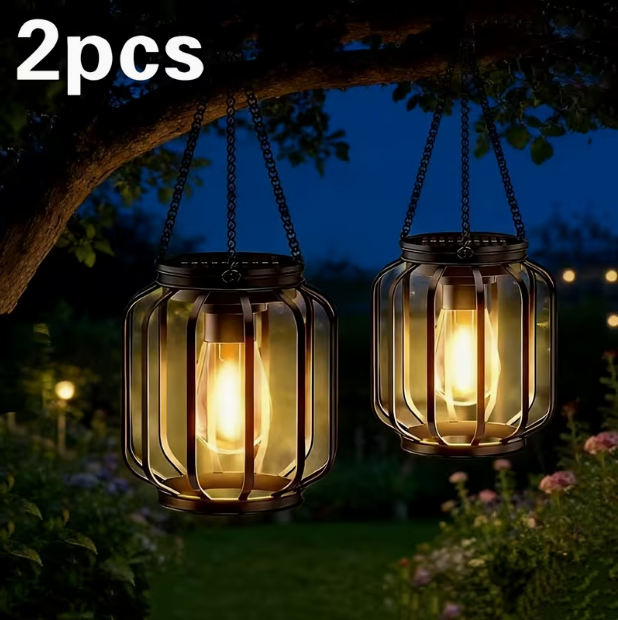2-Pack Solar-Powered Outdoor Hanging Lanterns – IP65 Waterproof, Automatic On/Off Switch, Black Retro Metal Design with Built-in Solar Panel, for Porch, Garden & All-Season Use