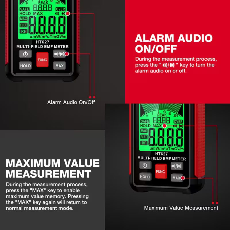 HABOTEST HT627 EMF Meter – 3-in-1 Detector for EF, MF & RF Radiation, for Home & Outdoor Inspections