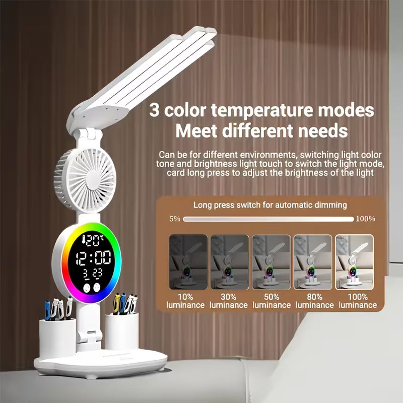 Smart Touch Dual Head Desk Lamp with USB - RGB Color Changing, Dimmable Brightness, Built-in Fan and Night Light
