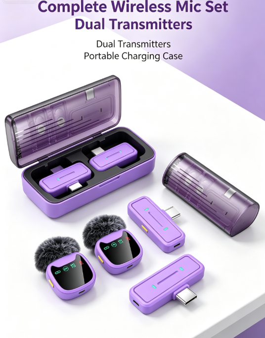 Dual Wireless Lavalier Microphone – LED Charging Case for Phones, Laptops, Streaming & Interviews