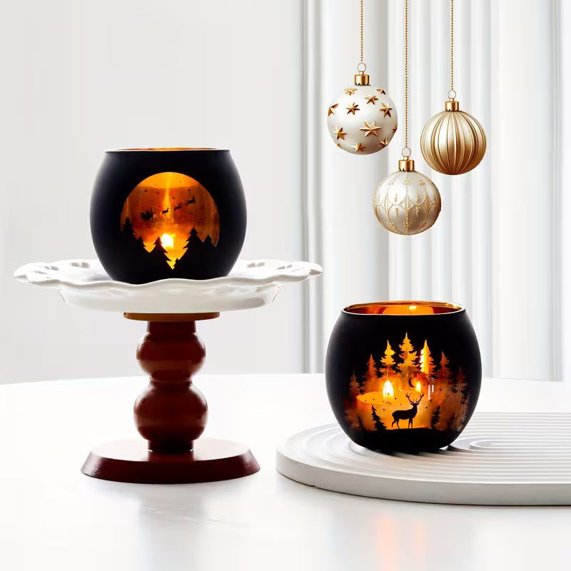 2Pairs Moonlit Forest Candle Holders – Black Glass, Santa Sleigh & Reindeer Design for Christmas Decor
