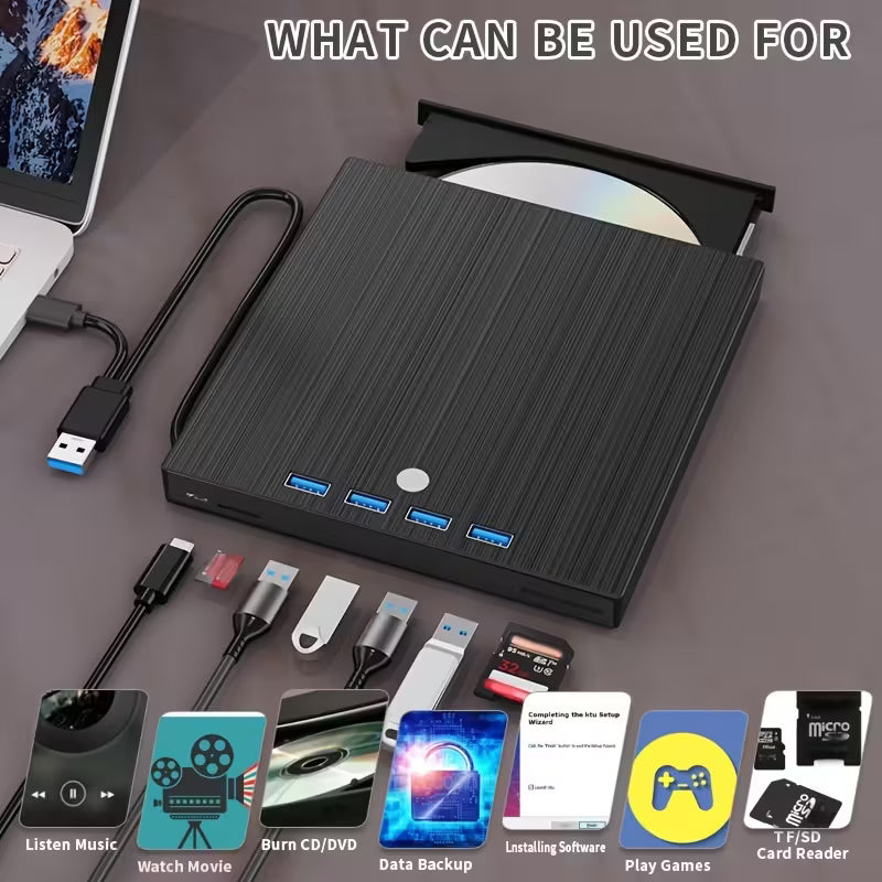 8-in-1 External Optical Drive – USB 3.0 + Type-C, Ultra-Slim DVD Burner & Player for Laptop & PC