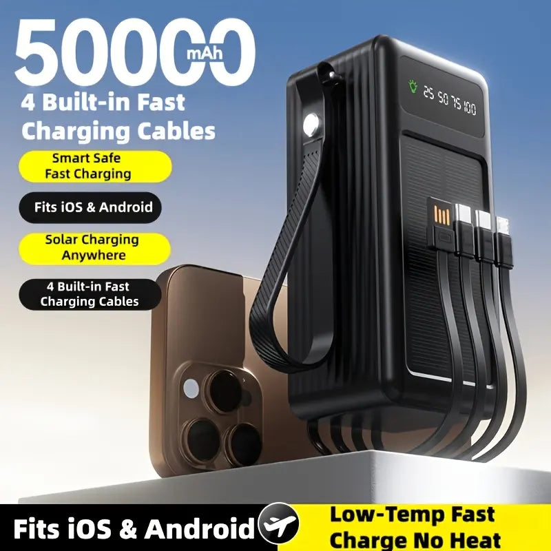 50000mAh Large Capacity Power Bank - USB-C Portable Charger with Solar Power, Flashlight and 32 LED Camping Light