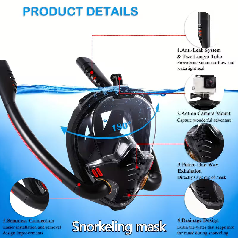 Full Face Snorkeling Mask – 180° Panoramic Dual Tube with Camera Mount for Adults (Camera Not Included)