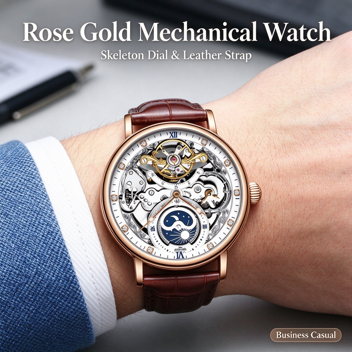 KINYUED Fully Automatic Mechanical Watch - Business Men's Tourbillon Mechanical Watch, Minimalist Luminous Business Wristwatch