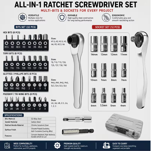 Mini Ratchet Wrench & Socket Set with Screwdriver Bits – Precision Repair Tool Kit