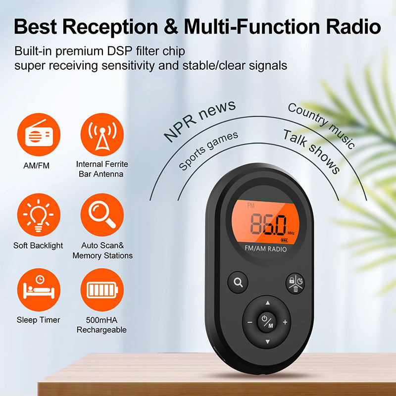 Portable AM/FM Pocket Radio – Rechargeable, Long Battery Life, Stereo Headphones, Backlit Display with Timer, for Hiking, Walking & Jogging