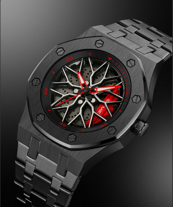 Men's Car Wheel Watch – Stainless Steel, Spinning Rim Hub Design, Japanese Quartz Movement, Water & Scratch Resistant, Carbon Fiber Racing Dial – Great Gift for Car Enthusiasts
