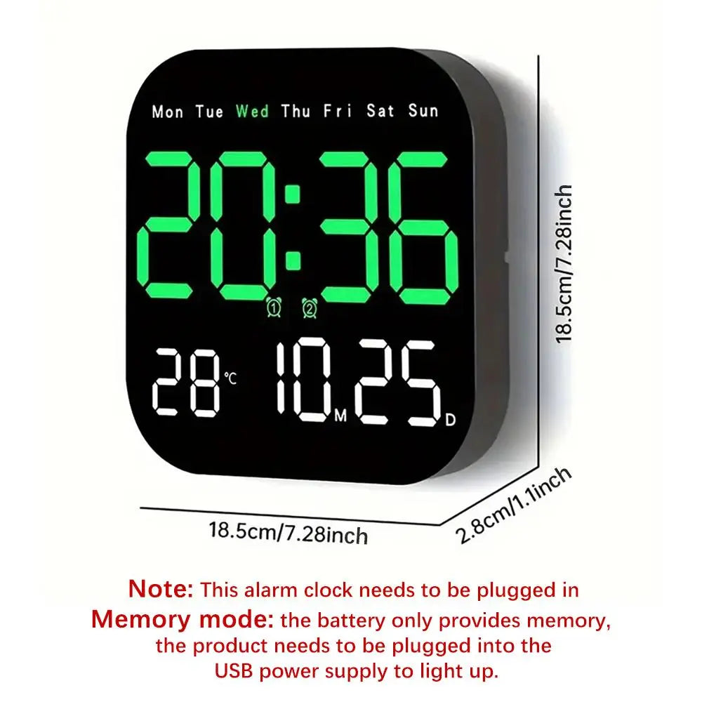 Intelligent Large Screen Digital Living Room Wall Clock with Remote Control, Battery Powered LED Wall Clock with Calendar Time Temperature Display, LED Alarm Clock Digital Clock Decor
