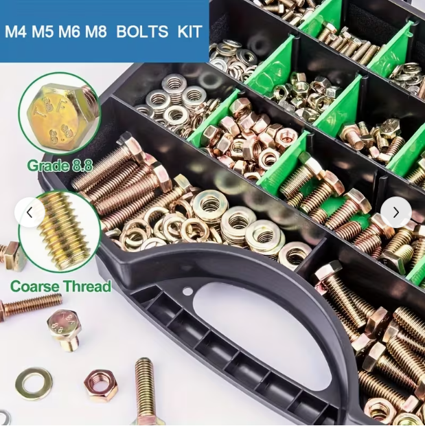 907pcs of 8.8 Grade Metric Bolt Kit, M4 M5 M6 M8 Heavy-Duty Hexagonal Bolt And Nut Washer Kit, Plated Yellow, Length 12-30Mm