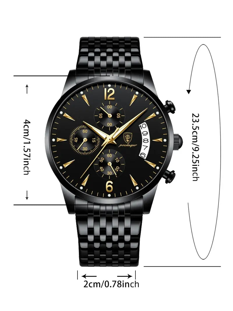 Men's Business Fashion Watch - Black Stainless Steel Strap, 30M Water Resistant, Calendar Quartz with Luminous Dial