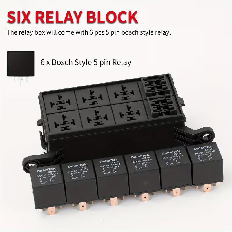 6-Way 12V Fuse Box – with 6x 40A Relays, 16 Blade Fuses & Relay/Fuse Terminals