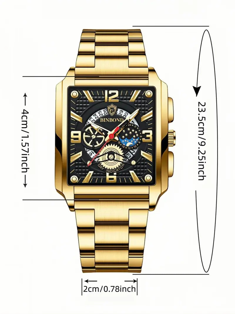 Men's Luxury Analog Quartz Watch – Multi-Function Movement, Stainless Steel Band, Waterproof, Night Glow Hands, Business & Casual Style