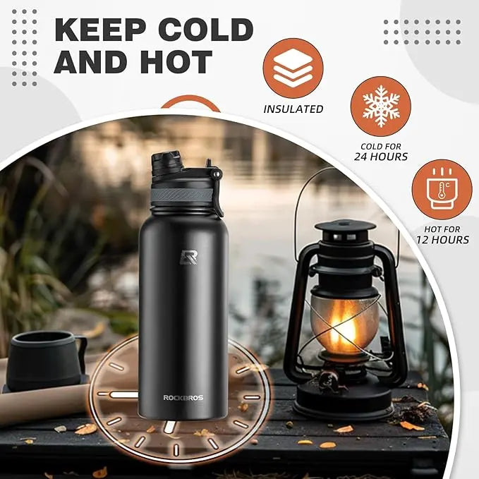 ROCKBROS 1.2L Insulated Water Bottle with Straw - Stainless Steel Sports Cup, Leak Proof with Handle, Keeps Warm and Cold for Hiking, Cycling, School and Gym