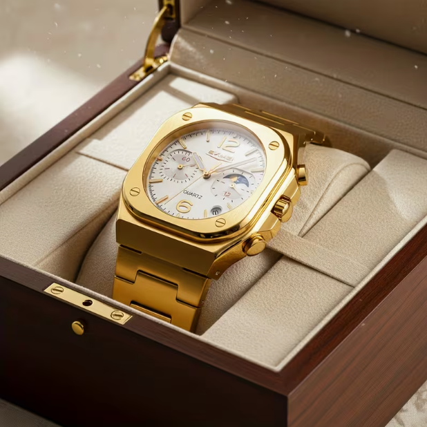 Men's Multifunction Business Quartz Watch – Moon Phase, Date, Chronograph, Stainless Steel, Waterproof, for Daily Wear & Gifting