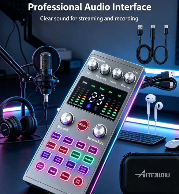 AT11 External USB Sound Card Kit - Live Streaming and Karaoke Set with Noise Reduction and Voice Effects for PC