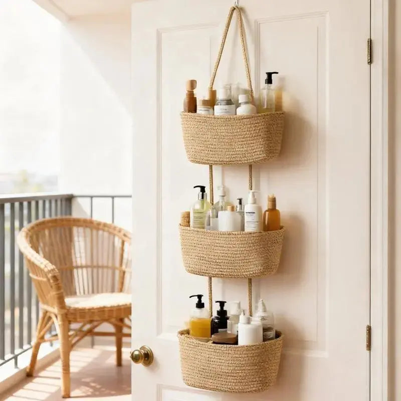 Handmade Woven Cotton 3-Tier Over-the-Door Basket – Wall-Mounted Jute Storage Organizer, Decorative Nursery Baskets for Diapers & Toys