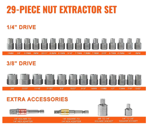 Bolt Extractor Set – 29-Piece Bolt and Nut Remover Set, 6mm to 10mm, 13/32" to 3/4", CR-MO Steel Extraction Socket Set with Storage Case – For Removing Damaged & Rusted Bolts