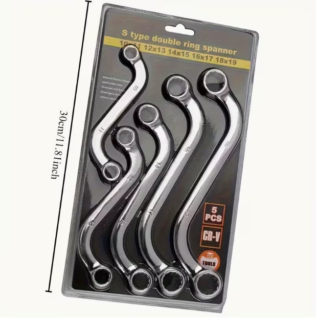 5-Piece S2S Double-Ended Allen Wrench Set – 140-240mm Combination Ring Spanner, Curved Steel Fastener Repair Tools, Washable