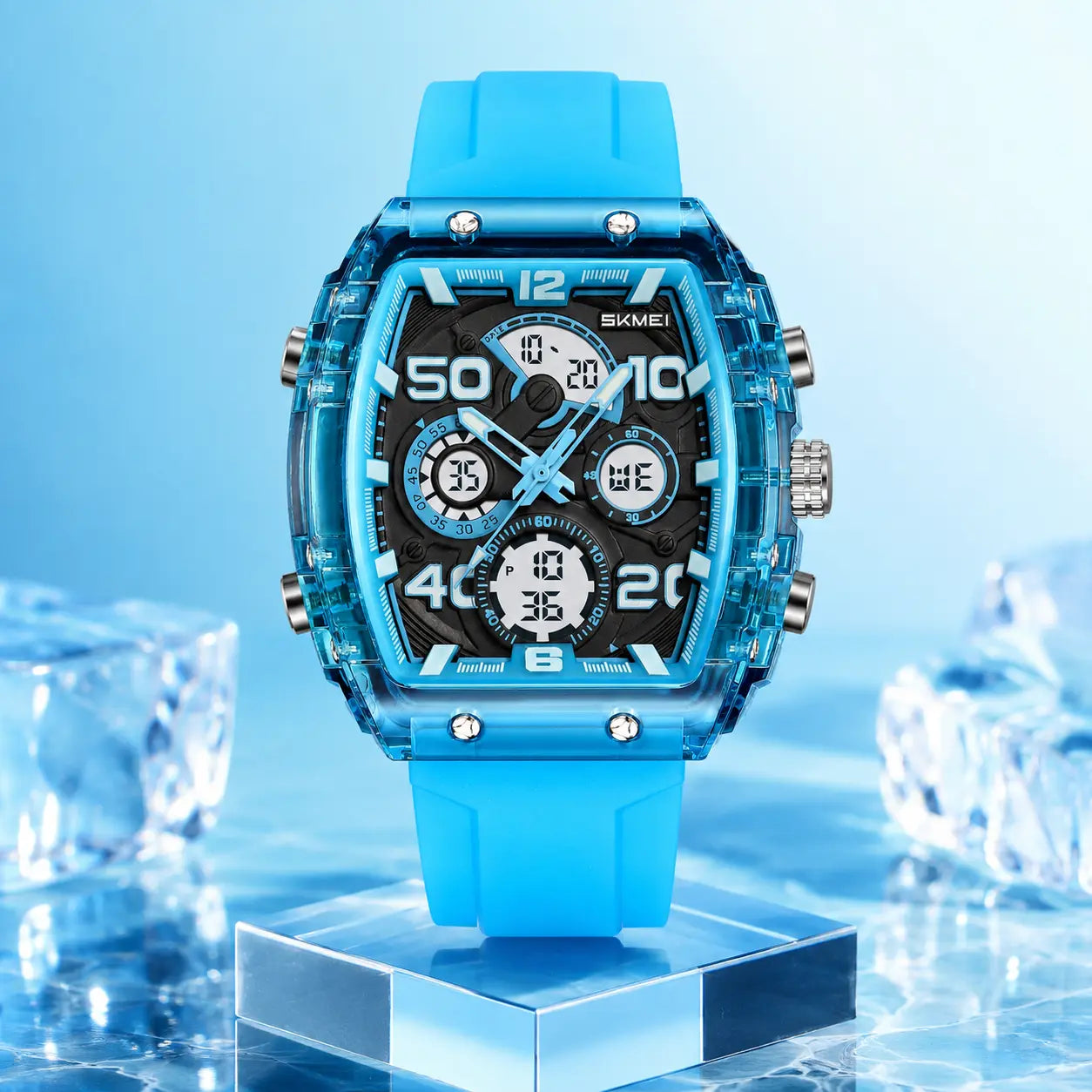 Unisex Ana-Digi Sport Watch – Tonneau Case, Silicone Band, 3 Time Zones, Stopwatch, Alarm, Countdown, LED Backlight, 5ATM Waterproof, Lightweight 61.1g – Ideal for Study, Workout & Everyday Wear