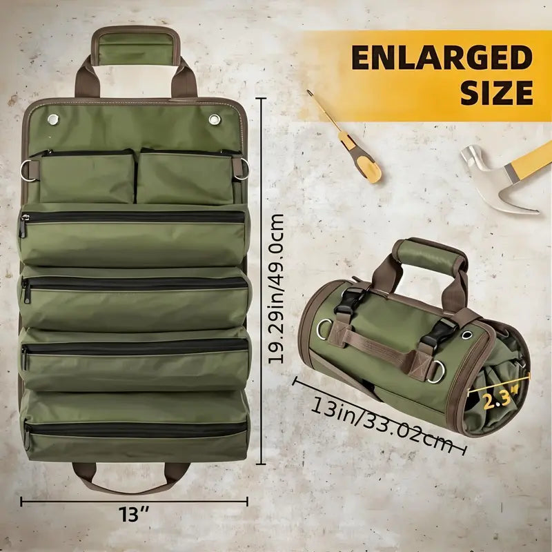 Portable Tool Roll Bag for Electricians & Mechanics – 4 Compartments, 2 Detachable Tool Bags – Heavy Duty Carpenter Tool Belt – Green Practical Organization