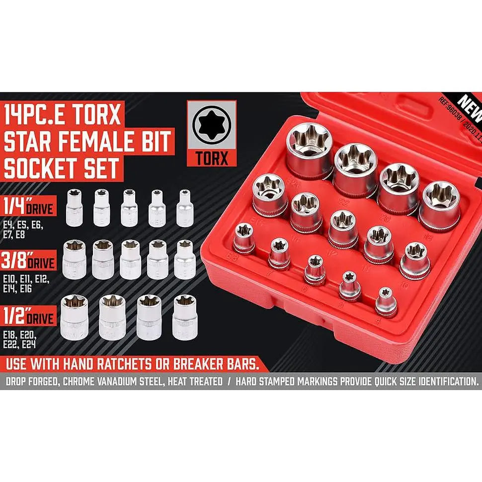 14-Piece E-Torx Socket Set - Premium Female Torx Sockets E4-E24, External Star Socket Tool Kit