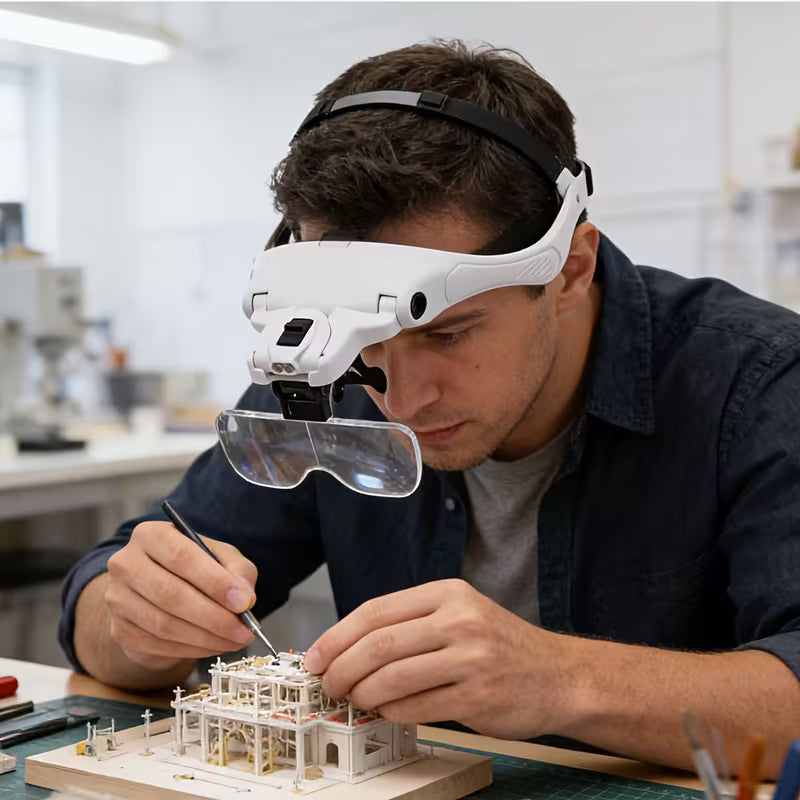 Head-mounted LED Illuminated Magnifier – Adjustable Headband with 5 Interchangeable Lenses, Perfect for Model Making, Reading, Repair, Jewelry & Electronic Maintenance