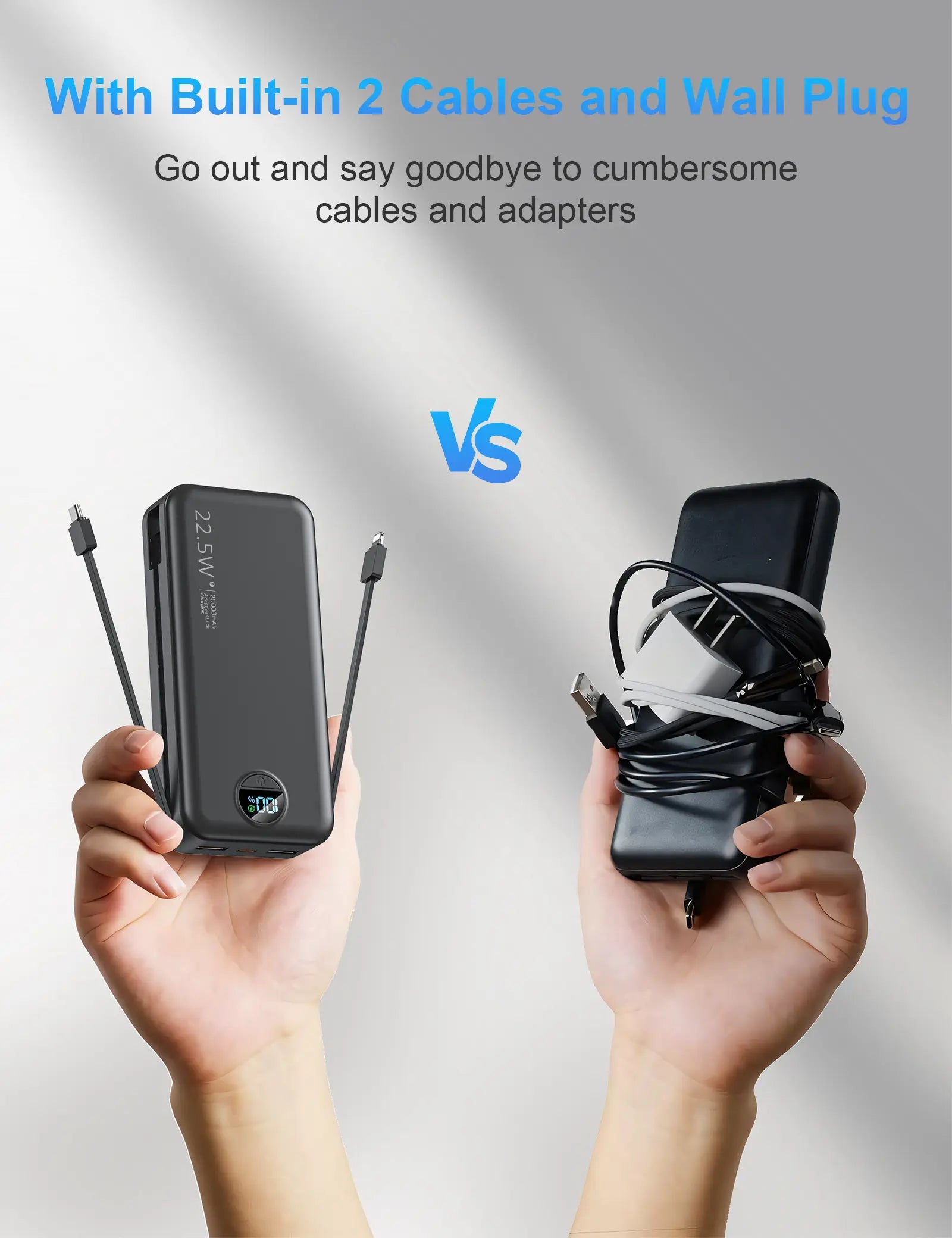 Summerwins 20000mAh Portable Power Bank - Compact, 22.5W Max Fast Charging, Built-in Wall Charger, Foldable AC Plug, Built-in Cable for iPhone 15 Series, Galaxy, USB-C Android Smartphones, Devices, Travel Use image 3