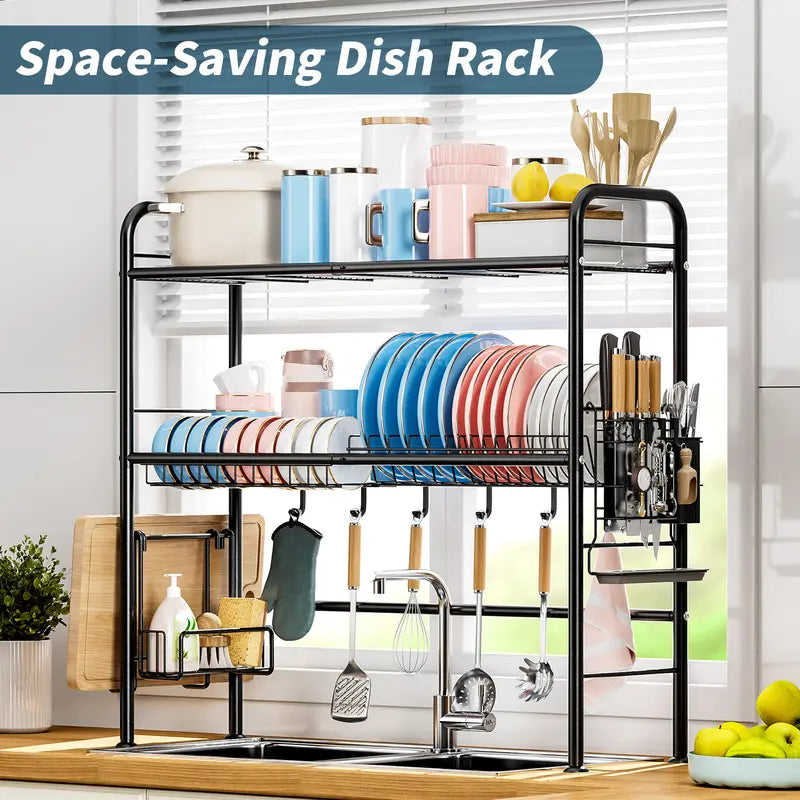 【Special offer】San Dream Over Sink Rack Kitchen Over The Sink Dish Drying Rack Organizer Large Space Saving Dish Drainer Countertop Dishes Rack On Counter Caddy Utensil Metal Organizer 1&2 Tiers