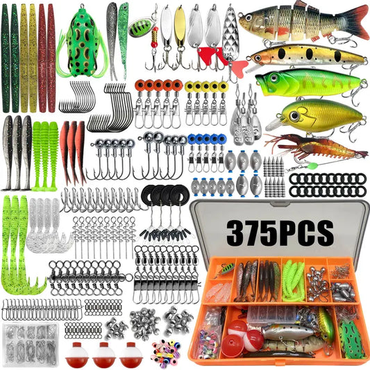Artificial Fishing Lure Kit, 375pcs Fishing Lure Set, Fishing Accessories Including Spoon Lures, Soft Plastic Worms, Crankbait Jigs, Fishing Hooks