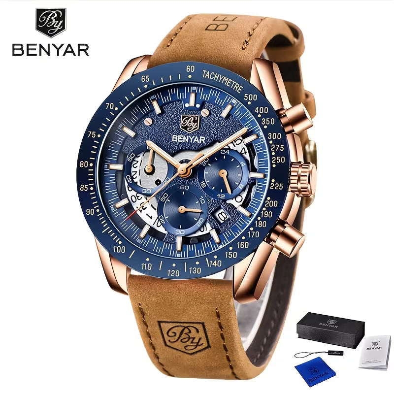 BENYAR Men’s Watch, Chronograph Analog Quartz Wristwatch, Fashion Sports Designer Timepiece, Waterproof Multi-Functional Trendy Quartz Watch, Ideal Gift Choice for Men