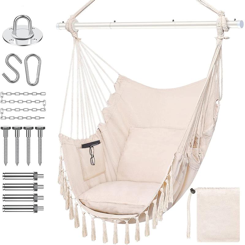 Indoor Outdoor Hammock Chair Swing,330Lbs Max,Removable Steel Bar,Anti-Slip Rings,with Cushions&Pocket,for Home Patio Yard